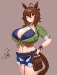  1girl 9is absurdres agnes_tachyon_(lunatic_lab)_(umamusume) agnes_tachyon_(umamusume) ahoge alternate_breast_size animal_ears belt bikini black_bikini breasts brown_eyes brown_hair denim denim_shorts green_jacket hands_on_own_hips highres horse_ears horse_tail huge_breasts jacket midriff navel open_clothes open_shorts shorts signature smile summer&#039;s_sunlight_fades_to_blue_(umamusume) swimsuit tail tied_jacket umamusume 