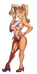  1girl :d absurdres animal_ears animal_nose bikini blonde_hair blue_bikini body_fur brown_fur coco_bandicoot crash_bandicoot_(series) full_body furry furry_female green_eyes highres iparupua looking_at_viewer navel open_mouth ponytail sandals short_hair simple_background smile snout solo standing swimsuit white_background 