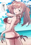  1girl alternate_costume ass atlanta_(kancolle) beach bikini blue_sky breasts brown_bikini brown_hair butt_crack cloud commentary_request day earrings from_behind fuji_(pixiv24804665) grey_eyes highres horizon jewelry kantai_collection large_breasts long_hair looking_at_viewer looking_back lowleg lowleg_bikini ocean outdoors side-tie_bikini_bottom single_earring sky smile solo star_(symbol) star_earrings swimsuit translation_request two_side_up 