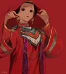  1girl arms_up artist_name black_eyes black_hair blending cape chinese_clothes copyright_notice cover_image earrings guardienne jewelry looking_at_viewer necklace nownow official_art parted_lips red_background red_cape red_lips solo third-party_source 
