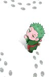  1boy blush_stickers chibi from_above greeeeenpotato green_hair highres jewelry jitome light_blush looking_at_viewer looking_up male_focus one_piece pointing pointing_forward roronoa_zoro scar scar_across_eye short_hair sideburns snow solo 