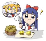  2girls :3 anger_vein angry apron artist_name bkub_(style) blonde_hair blue_eyes blue_hair bow chibi clenched_hand closed_mouth cutting_board food fruit hair_bow hair_ornament hair_scrunchie holding holding_knife hozumi_(5+2head) kitchen_knife kiwi_(fruit) knife light_blush long_hair long_sleeves multiple_girls pipimi poptepipic popuko purple_eyes purple_hair red_bow school_uniform scrunchie serafuku sidelocks simple_background spoken_character thought_bubble two_side_up upper_body white_background yellow_eyes 