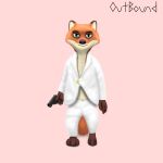  anthro bottomwear canid canine clothing disney fox fur green_eyes gun hi_res male mammal nick_wilde outbound pants pink_background ranged_weapon red_body red_fox red_fur shirt simple_background smile solo tail topwear walking weapon white_bottomwear white_clothing white_pants white_shirt white_topwear zootopia 