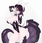  2022 black_body black_hair black_sclera bow_tie breasts clawed_fingers claws collar collar_only fake_ears fake_rabbit_ears female hair hanaface hi_res horn horned_humanoid humanoid lips looking_at_viewer nude scales simple_background solo tail white_background 