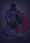  absurd_res anthro biceps blue_eyes bottomwear canid canine clothed clothing ear_piercing fluffy fluffy_tail fur hair hi_res horn looking_at_viewer male mammal muscular muscular_anthro muscular_male pants pants_only piercing smile solo tail underwear zempy3 