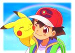  1boy ;t affectionate ash_ketchum backpack bag blurry blurry_background brown_eyes brown_hair closed_mouth commentary_request cuddling green_bag hat kyanos_(b_0000ff) male_focus on_shoulder pikachu pokemon pokemon_(anime) pokemon_(creature) pokemon_journeys pokemon_on_shoulder rainbow red_headwear shirt short_hair sleeveless sleeveless_jacket smile t-shirt upper_body white_shirt 