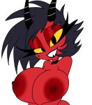  2022 big_breasts black_hair breasts demon demon_humanoid female hair helluva_boss hi_res horn humanoid imp millie_(helluva_boss) nipples nsfwtheodore open_mouth open_smile red_body simple_background smile solo teeth thick_thighs yellow_sclera 