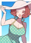  1girl blue_background blush border breasts brown_eyes brown_hair cleavage collarbone do_m_kaeru dress_swimsuit forehead hand_on_headwear hat large_breasts looking_at_viewer official_alternate_costume okumura_haru one_eye_closed open_mouth outside_border persona persona_5 polka_dot polka_dot_swimsuit short_hair simple_background smile solo sun_hat swimsuit white_border white_headwear 