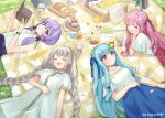  4girls ahoge animal binchou_maguro blue_hair blue_skirt blush book braid bread bug butterfly closed_eyes closed_mouth coffee_cup collared_shirt cup disposable_cup dress falling_petals food grey_hair hair_between_eyes holding holding_book kizuna_akari kotonoha_akane kotonoha_aoi long_hair lying multiple_girls on_back open_mouth petals picnic picnic_basket pink_hair purple_eyes purple_hair red_eyes red_skirt shirt short_hair_with_long_locks short_sleeves siblings sidelocks sisters skirt smile twin_braids voiceroid white_dress white_shirt yuzuki_yukari 