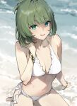  1girl 92m bangle bare_shoulders beach bikini blurry blurry_background blush bracelet breasts cleavage commentary depth_of_field frilled_bikini frills green_hair hand_on_own_shoulder heterochromia highres idolmaster idolmaster_cinderella_girls jewelry looking_at_viewer medium_breasts mole mole_under_eye navel short_hair short_ponytail smile solo swimsuit symbol-only_commentary takagaki_kaede thighs 
