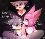  &lt;3 &lt;3_eyes absurd_res anthro bat bell birthday birthday_gift blush bodily_fluids claws collar cum cum_on_body cum_on_face dust:_an_elysian_tail ear_piercing ear_ring fangs fellatio genital_fluids genitals group hi_res iradeon licking lune_(lunesnowtail) lying male male/male mammal nimbat oral penile penis penis_lick piercing procyonid raccoon ring_piercing scarf sean_(senz) senz sex teeth text tongue tongue_out trio 