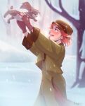  1girl anastasia_(1997) animal anya_(anastasia) artist_name blue_eyes blush brown_gloves coat dog fingerless_gloves from_side gloves gonzais green_coat green_headwear hat highres holding holding_animal holding_dog long_coat open_mouth outdoors pooka_(anastasia) red_hair snow snowing tree 