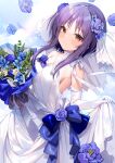  bare_shoulders blue_bow blue_flower blush bouquet bow bow_choker bra-ban! breasts bridal_veil brown_eyes cleavage dress elbow_gloves english_commentary flower gloves hair_flower hair_ornament hecha_(01964237) highres holding holding_bouquet jewelry medium_breasts mikage_sumi necklace purple_hair sideboob sidelocks sky smile veil waist_bow wedding_dress white_bow white_dress white_gloves yuzu-soft 