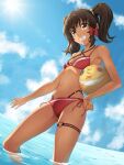 1girl anise_tatlin ball beachball bikini black_hair blue_sky bow breasts brown_eyes carrying carrying_under_arm cloud cloudy_sky day female_child grin hair_bow hand_on_own_hip holding holding_ball horizon long_hair looking_at_viewer navel ocean outdoors partially_submerged pink_bikini pink_bow rourou_ill sidelocks sky small_breasts smile solo stomach striped striped_bikini sun swimsuit tales_of_(series) tales_of_the_abyss thigh_strap tokunaga_(tales) translation_request twintails water 