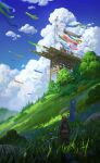  1other armor banner blue_sky bridge bush cloud cloudy_sky cyclecircle day field flag forest from_behind highres hill japanese_armor kite nature original outdoors plant rock ruins samurai scenery sky solo standing tree wide_shot 