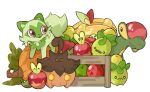  ^_^ apple appletun applin closed_eyes closed_mouth commentary english_commentary food fruit leaf looking_at_another mjoyart no_humans o_o open_mouth pokemon pokemon_(creature) pumpkaboo pumpkin red_eyes simple_background smile smoliv sprigatito wavy_mouth white_background yellow_eyes 