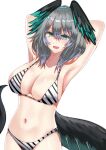  1girl :d absurdres aqua_eyes arknights armpits arms_behind_head arms_up bikini blue_sealad breasts commentary fang grey_hair head_wings highres ho&#039;olheyak_(arknights) large_breasts looking_at_viewer navel open_mouth short_hair simple_background smile solo stomach striped striped_bikini swimsuit tail upper_body white_background wings 