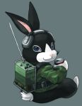  animal animal_focus beer_can black_fur blue_eyes botasky can cat_shit_one field_radio grey_background headphones holding holding_can looking_back military_jacket no_humans pink_nose rabbit radio sitting smile taakao3000 