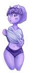  5_fingers anthro bottomwear ceratopsian clothing colored dinosaur female fingers goodbye_volcano_high midriff muddy_shark navel ornithischian purple_body reptile scalie shirt shorts simple_background snoot_game solo topwear triceratops trish_(gvh) 