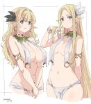  2girls absurdres armlet blonde_hair blue_eyes breast_curtains breasts closed_mouth commentary_request copyright_request dated elf feather_hair_ornament feathers hair_ornament highres kichihachi large_breasts long_hair looking_at_viewer medium_breasts multiple_girls navel open_mouth pointy_ears simple_background twitter_username white_background 