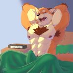  2022 abs anthro areola armpit_hair barazoku bed bedding biceps blanket bodily_fluids body_hair brown_body brown_fur bulge canid canine chest_fur clock digital_media_(artwork) erection erection_under_blanket eyebrows fox fur furniture hands_behind_head hi_res male mammal morning_wood muscular muscular_anthro muscular_male navel nipples on_bed open_mouth orange_body orange_fur pecs pubes signature solo stretching tail tan_body tan_fur tears teeth tongue under_covers waking_up yawn zen_crael 