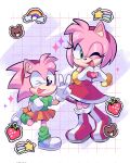  2girls amy_rose dress dual_persona food fruit gloves green_eyes green_shirt green_socks headband highres looking_at_viewer lou_lubally multiple_girls official_alternate_costume one_eye_closed open_mouth orange_skirt pink_dress rainbow red_headband shirt shoes skirt socks sonic_(series) strawberry tongue tongue_out v white_gloves 