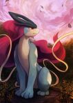  blue_fur cloud creature deviantart_username flower frown haychel highres leaf long_hair no_humans pink_hair pink_sky pokemon pokemon_(creature) red_eyes signature sitting sky solo suicune web_address yellow_flower 