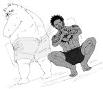  2023 anthro bear bepo biped blush butt clothing duo hi_res human humanoid_hands male mammal minkmen_(one_piece) monochrome nekokat42 one_piece overweight overweight_male polar_bear tattoo trafalgar_law underwear ursine 