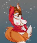  anthro bottomless breasts brown_hair canid canine clothed clothing fox fur genitals hair hi_res hoodie hoodie_only inner_ear_fluff mailoshy male mammal orange_body orange_fur presenting presenting_breasts pussy red_clothing red_hoodie red_topwear shaded short_hair simple_background simple_shading solo topwear topwear_only tuft 