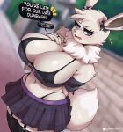  2023 anthro artist_name big_breasts blue_eyes blurred_background bottomwear breasts clothed clothing dialogue digital_media_(artwork) eevee english_text female fingers gammainks generation_1_pokemon hi_res huge_breasts legwear looking_at_viewer navel nintendo open_mouth pokemon pokemon_(species) shiny_pokemon skirt solo text 