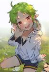  1girl black_shorts blush day elf grass green_hair hand_up highres hood hooded_jacket jacket looking_at_viewer mokkori mushoku_tensei on_grass open_mouth outdoors pointy_ears red_eyes seiza shirt short_hair shorts sitting solo sylphiette_(mushoku_tensei) white_jacket white_shirt 
