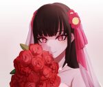  1girl alternate_costume alternate_hairstyle arironpawa bare_shoulders bouquet bridal_veil closed_mouth danganronpa_(series) danganronpa_v3:_killing_harmony dress flower hair_flower hair_ornament harukawa_maki highres holding holding_bouquet holding_flower long_hair mole mole_under_eye red_eyes red_flower red_rose rose simple_background smile veil white_background white_dress 