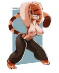  absurd_res anthro bent_over big_arms big_breasts big_hands bottomwear breasts clothed clothing dreamworks eyes_closed felid female fur hi_res kung_fu_panda mammal master_tigress muscular muscular_anthro muscular_female nipples orange_body orange_fur pantherine pants partially_clothed solo stretching striped_body striped_fur stripes teabro tiger topless 