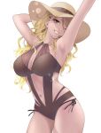  1girl arm_behind_head armpits arms_up bare_shoulders black_eyes black_one-piece_swimsuit blonde_hair blurry braid breasts brown_hair cleavage cowboy_shot dark-skinned_female dark_skin earrings gradient_hair grin gyaru hagyouayumu hat highres hoop_earrings idolmaster idolmaster_shiny_colors izumi_mei jewelry large_breasts long_hair looking_at_viewer multicolored_hair navel one-piece_swimsuit one_eye_closed see-through simple_background smile solo swimsuit tan white_background 