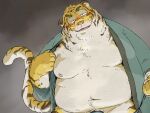  2023 anthro belly big_belly blush felid hi_res humanoid_hands kemono male mammal moobs nipples overweight overweight_male pantherine pommn_mn solo tiger yellow_body 