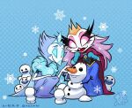  andrealphus_(helluva_boss) anthro avian bird brother_(lore) brother_and_sister_(lore) clothed clothing disney duo feathers female frozen_(movie) gloves handwear helluva_boss male owl owl_demon pink_eyes sibling_(lore) sister_(lore) snowman stella_(helluva_boss) white_body white_feathers xszwhr 