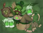  2023 accessory alcohol anthro anus barrel beverage big_breasts breasts brown_body brown_fur clothing clover ear_piercing ear_ring english_text eye_through_hair eyebrow_through_hair eyebrows female fur furgonomics gas_mask genitals glowing glowing_eyes glowing_nipples green_background green_bow_tie green_clothing green_eyes green_liquid green_nipples green_topwear hair hat headgear headwear holding_beer_mug holidays inner_ear_fluff looking_at_viewer mammal mask nipples piercing pussy ring_piercing rodent simple_background skaven skull_and_crossbones solo st._patrick&#039;s_day tail tail_accessory text toeless_thigh_highs top_hat topwear translucent translucent_hair tuft warhammer_(franchise) wearing_mask yawg 