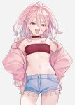  1girl :d bandeau belt_collar blue_shorts collar cowboy_shot e_(eokiba) highres jacket kemono_jihen navel open_clothes open_jacket open_mouth pink_eyes pink_hair pink_jacket red_bandeau red_collar shorts smile solo tademaru_aya teeth upper_teeth_only wide_ponytail 