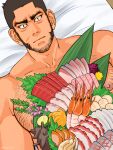  1boy bara beard black_hair buzz_cut chest_hair facial_hair food food_on_body food_on_pectorals goatee_stubble golden_kamuy large_pectorals long_sideburns male_focus mature_male muscular muscular_male nantaimori nervous nipples nopinzo pectorals short_hair shrimp sideburns slit_pupils solo sushi tanigaki_genjirou thick_eyebrows upper_body very_short_hair wavy_mouth wide-eyed 