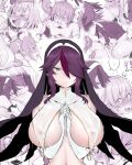  1girl barbara_(genshin_impact) breasts closed_mouth covered_nipples genshin_impact gloves grey_eyes hair_over_one_eye highres jean_(genshin_impact) large_breasts lisa_(genshin_impact) looking_at_viewer multicolored_hair noelle_(genshin_impact) nun purple_hair red_hair rosaria_(genshin_impact) see-through solo_focus streaked_hair white_gloves yuri yuriwhale 