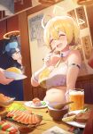  1other 2girls :d absurdres ahoge alcohol animal_ears bare_shoulders beer blonde_hair blue_archive blush braid breasts cheerleader chopsticks closed_eyes cup dog_ears dog_girl drink drinking_glass eating fish_(food) food goggles goggles_on_head halo hibiki_(blue_archive) hibiki_(cheer_squad)_(blue_archive) highres holding holding_chopsticks indoors kotori_(blue_archive) kotori_(cheer_squad)_(blue_archive) large_breasts looking_at_viewer midriff millennium_cheerleader_outfit_(blue_archive) mofashao_nanheitu multiple_girls navel official_alternate_costume open_mouth peeking peeking_out plate plump sashimi short_hair skewer skirt smile soy_sauce steak sushi table text_print twintails wasabi yellow_halo 
