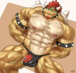  2023 abs anthro armband barazoku beard biceps big_bulge big_muscles border bowser brown_background bulge clothed clothing collar deltoids dutch_angle eyebrows facial_hair flexing front_view hair hands_behind_back hi_res horn huge_muscles koopa logo looking_at_viewer male manly mario_bros muscular muscular_anthro muscular_male navel nintendo nipples non-mammal_nipples obliques pecs quads scalie serratus shell signature simple_background sitting smile solo spiked_armband spiked_collar spiked_shell spikes spikes_(anatomy) thick_thighs thong thong_only topless topless_anthro topless_male underwear underwear_only vein veiny_muscles white_border zenon0917 