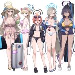  5girls absurdres ahoge akane_(blue_archive) alternate_costume alternate_hairstyle antenna_hair ass asuna_(blue_archive) asymmetrical_bangs bag bare_legs bikini bikini_skirt black-framed_eyewear black_bikini black_choker black_footwear black_hair blonde_hair blue_archive blue_bikini blue_eyes blue_jacket blue_nails blue_ribbon blush braid braided_ponytail breasts chain choker cleaning_&amp;_clearing_(blue_archive) cleavage closed_mouth coconut_cup collarbone commentary_request crocs dark-skinned_female dark_skin dress drinking_straw earrings expressionless eyewear_on_head feet flip-flops flower frilled_bikini frills full_body glasses grey_hair hair_between_eyes hair_ornament hair_over_one_eye hair_ribbon hair_scrunchie halo hand_on_own_hip hand_up hands_in_pockets hat head_wreath high_ponytail highres holding holding_bag huge_ahoge huge_breasts jacket jewelry karin_(blue_archive) large_breasts legs light_brown_hair long_hair long_sleeves looking_at_viewer looking_to_the_side medium_breasts midriff mole mole_under_eye multiple_girls nail_polish navel neru_(blue_archive) off_shoulder open_clothes open_jacket open_mouth orange_hair parted_bangs partially_unzipped pink_bikini pink_dress pink_flower pizzasi ponytail red_eyes red_flower ribbon sandals scrunchie shadow shiny_skin shoes side-tie_bikini_bottom sidelocks simple_background single_braid small_breasts smile sneakers standing stomach straight_hair straw_hat striped striped_bikini stud_earrings suitcase sukajan sunglasses sweatdrop swimsuit thighs toenail_polish toenails toes toki_(blue_archive) very_long_hair visor_cap white_background white_bikini white_flower 
