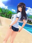  1girl adjusting_buruma adjusting_clothes ass black_hair blue_buruma blue_sky breasts building buruma closed_mouth cloud commentary_request day empty_pool fence from_behind grey_eyes gym_shirt gym_uniform highres long_hair looking_at_viewer looking_back nonaka_ritsu original outdoors panties pink_panties pool pool_ladder shirt short_sleeves sky small_breasts solo underwear white_shirt 