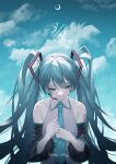  1girl 39 blue_eyes blue_hair blush collarbone collared_shirt crescent_moon dated detached_sleeves emosk hair_ornament hands_on_own_chest hatsune_miku headset highres long_hair long_sleeves looking_down miku_day moon necktie night night_sky own_hands_together shirt sky sleeveless sleeveless_shirt smile solo star_(sky) starry_sky tie_clip twintails very_long_hair vocaloid 