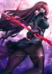  1girl absurdres armor ass black_gloves bodysuit breasts closed_mouth cowboy_shot dual_wielding fate/grand_order fate_(series) gae_bolg_(fate) gloves hair_intakes highres holding holding_polearm holding_weapon large_breasts legs_apart long_hair looking_at_viewer looking_back pauldrons polearm purple_background purple_bodysuit purple_hair purple_theme red_eyes scathach_(fate) shoulder_armor smile solo weapon yujieai 