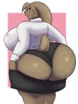  2023 anthro big_breasts big_butt black_bottomwear black_clothing black_panties black_skirt black_underwear bottomwear breasts brown_body brown_fur butt clothed clothing dewwydarts dressing female fur generation_4_pokemon hi_res huge_breasts huge_butt huge_thighs looking_at_viewer looking_back looking_back_at_viewer lopunny lucy_(dewwydarts) nintendo open_mouth panties pink_eyes pokemon pokemon_(species) shirt side_boob simple_background skirt solo standing thick_thighs tight_fit topwear underwear white_clothing white_shirt white_topwear 