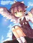  1girl animal_ears bad_id bad_nicoseiga_id bird_ears bird_wings blush brown_dress brown_footwear brown_headwear dress hair_between_eyes hat long_sleeves mystia_lorelei open_mouth pink_hair shoes short_hair sleeve_garter socks solo to-den_(v-rinmiku) touhou white_socks white_wings winged_hat wings yellow_eyes 