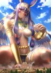  1girl absurdres animal_ears armlet black_loincloth blonde_hair bracelet breasts city cloud commission dragon earrings facial_mark fate/grand_order fate_(series) giant giantess hair_between_eyes headband highres hoop_earrings jackal_ears jewelry long_hair multicolored_hair navel nitocris_(fate) nitocris_(third_ascension)_(fate) numaguro_(tomokun0808) purple_eyes purple_hair sitting skeb_commission sky solo spread_legs thighlet two-tone_hair usekh_collar vambraces very_long_hair ziggurat 