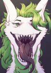  ambiguous_gender anthro bodily_fluids cheek_tuft facial_tuft front_view fur green_body green_eyes green_fur green_hair green_pupils hair hi_res lionfloof looking_at_viewer mouth_shot narrowed_eyes open_mouth pupils saliva saliva_string solo tongue tongue_out tuft white_body white_fur 